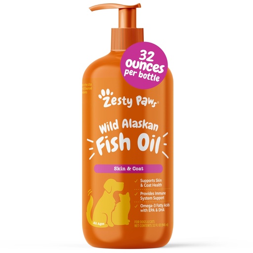 [BRSRO2YECQCBYYDK] Zesty Paws Wild Alaskan Fish Oil for Dogs & Cats - Pollock & Salmon Oil Blend - Omega 3 Fatty Acids EPA & DHA for Pets - for Sensitive Skin + Coat Health - Immune System Support - 32 fl oz