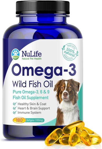 [BRSW2BIQCV5BOELZ] Pure Omega 3 Fish Oil for Dogs, Wild Caught from Iceland, Skin and Coat Supplement for Shedding, Dry Itchy Skin and Allergies, Rich in EPA + DHA with Omega 3, 6 & 9 Fatty Acids, 1000mg, 180 Capsules