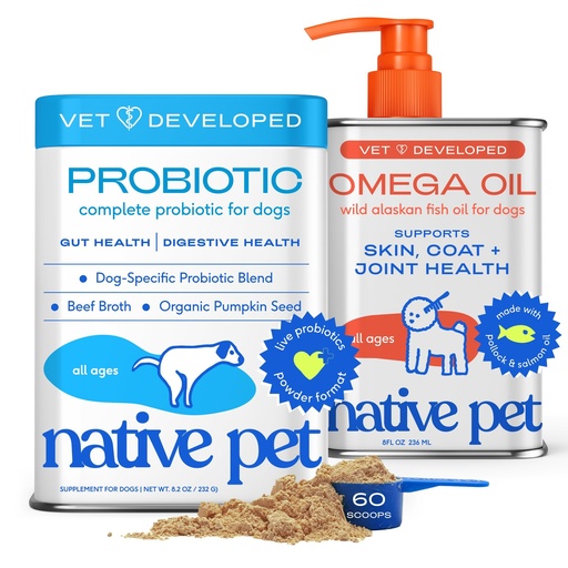 [BRSRGCADOIPWOETO] Native Pet Omega 3 Fish Oil for Dogs 8Oz & Probiotics for Dogs 8.2Oz Powder Food Topper - Fish Oil & Dog Probiotic Powder - Supports Skin, Coat, Gut Health, Heart & Digestion - Vet Formulated