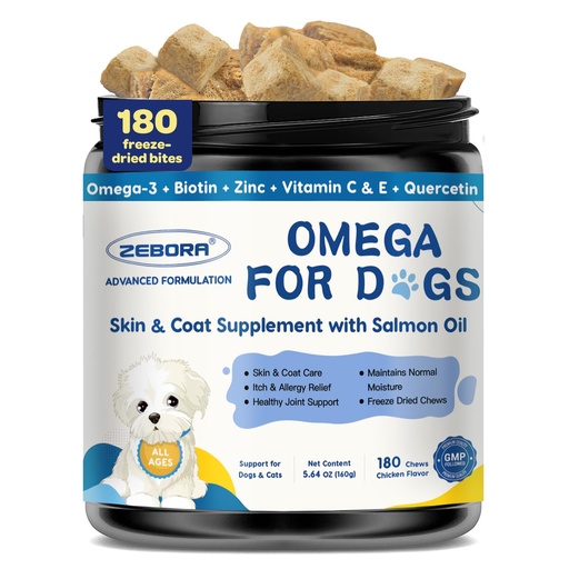 [BRSREEIRB4HWYYDZ] ZEBORA Salmon Oil for Dogs, Omega 3 Fish Oil for Dogs Skin and Coat with EPA & DHA, Zinc, Biotin, Quercetin, Vitamin C & E for Dog Allergy Relief, Hot Spot Treatment, Control Dog Shedding, 180 Chews
