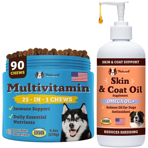 [BRSRMZQZCEHGKGTF] Natural Dog Company Everyday Itch Relief Bundle, Includes (1) Multivitamin Supplement Chews -90 pcs and (1) Skin and Coat Oil Food Topper-16 oz., Vitamins for dogs, Itch relief, Skin and Coat suppleme