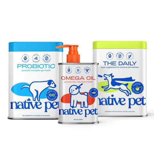 [BRSRGBATBBYBGDTV] Native Pet Daily Wellness Bundle & Dog Probiotic Powder for Gut – 11-in-1 Vitamins and Supplements, Omega 3 Fish Oil for Dogs & Canine Specific Probiotic Strains
