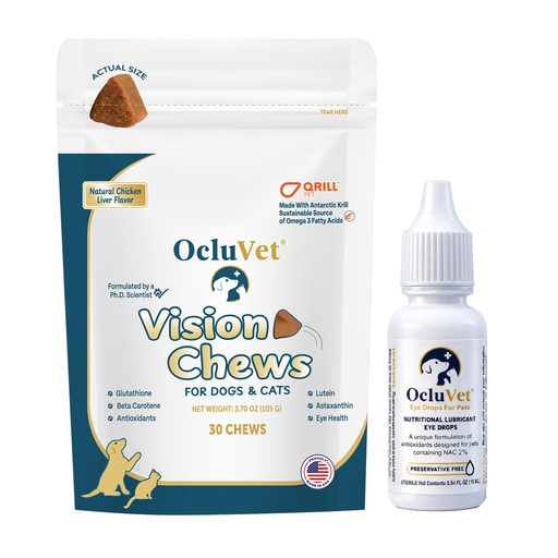 [BRSREAYCO4MAKCQU] OcluVet Bundle Eye Supplements for Dogs & Cats | Vision Chews with Omega-3 for All Ages | Includes 30 Chicken Liver Flavored Chews & Pet Eye Drops, 16 mL | Antioxidants & 2% NAC for Cataracts