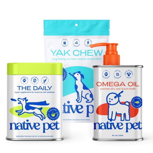 [BRSREYADBYGR6CLH] Native Pet Health & Wellness Bundle – 3 Medium Yak Chews for Dental Health, 7 Oz. Daily Multivitamins for Immunity & 8 Oz. Omega-3 Fish Oil for Coat & Heart Support