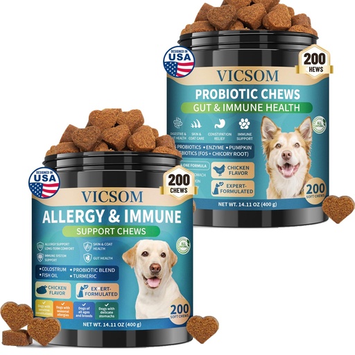[BRSREHAKDN5AOC3H] VICSOM Dog Allergy Relief & Probiotic Chews Bundle, 200 Count Each - Chicken Flavor Soft Chewswith Probiotics, Omega-3, Colostrum & Digestive Enzymes for Skin, Coat & Gut Support
