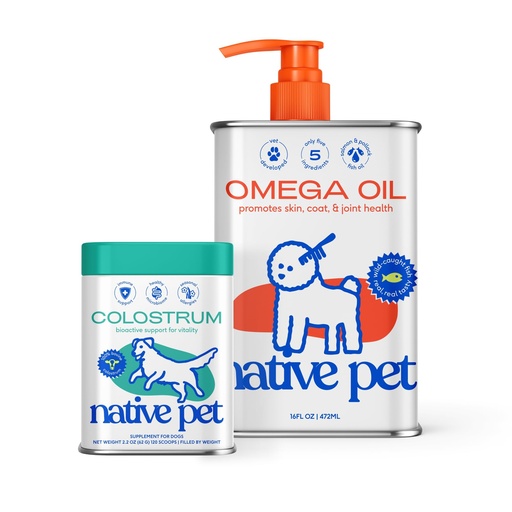 [BRSREYLYA4NRYH3U] Native Pet Pup Power-Up Bundle: Colostrum for Dogs (120 Scoops) & Omega Oil for Dogs (16 Oz) - Bovine Colostrum Powder & Fast-Absorbing Omega 3 6 9 Supplement