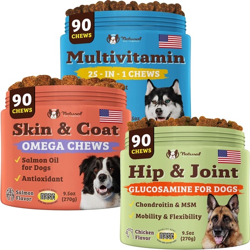 [BRSRMAIRCNYBMCQ4] Natural Dog Company Ultimate Dog Health Bundle - Multivitamin, Skin & Coat, Hip and Joint Supplement Chews - Supports Immune System, Reduces Shedding, Enhances Mobility for Dogs of All Ages and Breeds