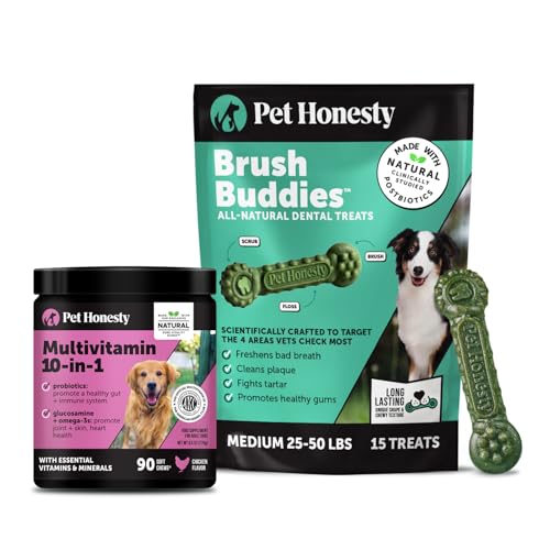[BRSRGC33OUBQKYA3] Pet Honesty Dog Wellness Virtual Bundle – 10-in-1 Multivitamin Supplement (Chicken, 90 Ct) + Brush Buddies Dental Sticks for Medium Dogs (15 Ct) – Daily Health & Dental Support