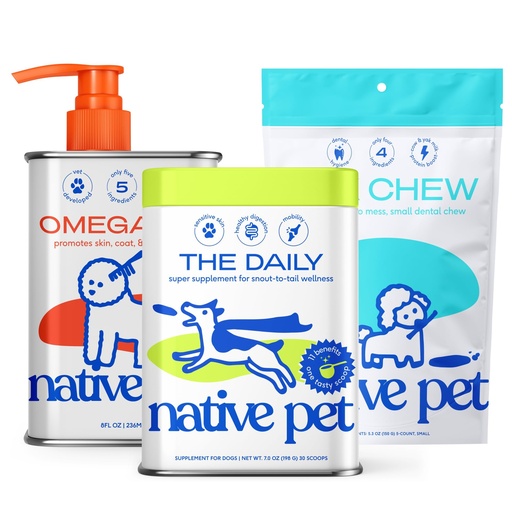 [BRSREYADB4IAMFLJ] Native Pet Health & Wellness Bundle – 5 Small Yak Chews for Dental Health, 7 Oz. Daily Multivitamins for Immunity & 8 Oz. Omega-3 Fish Oil for Coat & Heart Support