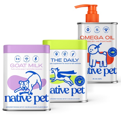 [BRSREYA5CEIBEGYU] Native Pet Health & Wellness Bundle: Organic Goat Milk Powder for Vitality (60 Scoops), Daily Multivitamins for Immunity (30 Scoops) & Omega-3 Fish Oil for Coat & Heart Support (8 Oz.)