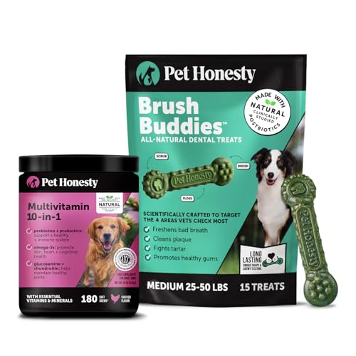 [BRSRGC33OQAQO333] Pet Honesty Dog Wellness Virtual Bundle – 10-in-1 Multivitamin Supplement (Chicken, 180 Ct) + Brush Buddies Dental Sticks for Medium Dogs (15 Ct) – Daily Health & Dental Support