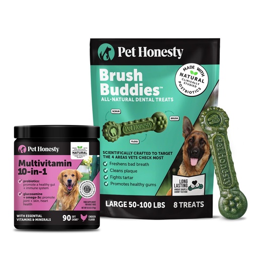 [BRSRGC33A54GAEQ3] Pet Honesty Dog Wellness Bundle – 10-in-1 Multivitamin Supplement (Chicken, 90 Ct) + Brush Buddies Dental Sticks for Large Dogs (8 Ct) – Daily Health & Dental Support