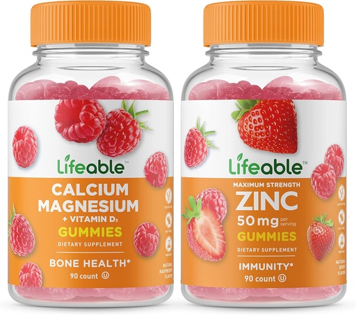 [BRSW2HQTOQGRO3QY] Lifeable Calcium Magnesium + Zinc 50mg, Gummies Bundle - Great Tasting, Vitamin Supplement, Gluten Free, GMO Free, Chewable