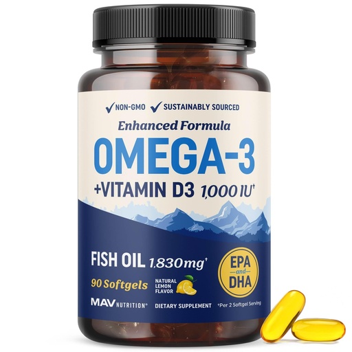 [BRSREGAOA5YRSCI7] Omega 3 Fish Oil with Vitamin D3 | 1280MG Omega3 + 1000IU VIT D3 for Heart, Immune & Bone Health Support | EPA DHA Omega 3 Supplement | Sustainably Sourced, Non-GMO Fish Oil Vitamin D | 90 Softgels