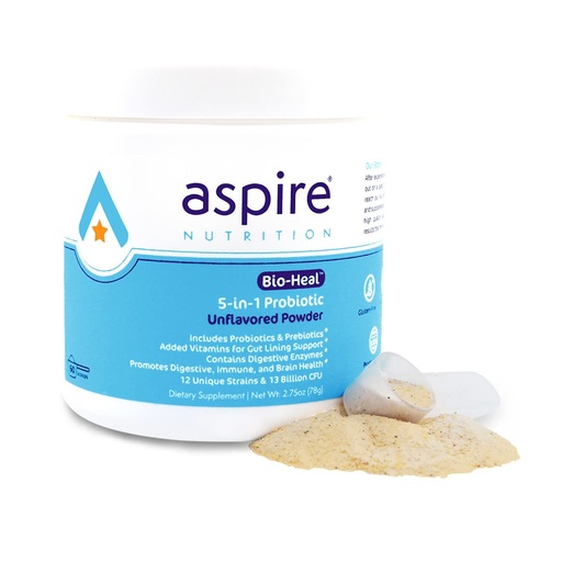 [BRSW2ADQOIIAMDY6] Aspire Nutrition 5-in-1 Bio-Heal® Probiotic for Kids, Men & Women - Best Supplement for Brain Function, Gut Health & Constipation - Shelf Stable & Fortified with Vitamin, Mineral & Prebiotics - Powder