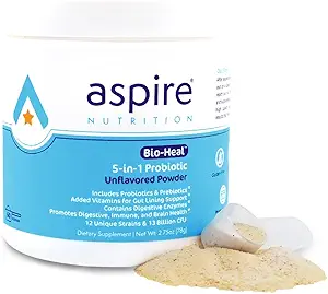 [BRSW2ADQOIIAMDY6] Aspire Nutrition 5-in-1 Bio-Heal® Probiotic for Kids, Men & Women - Best Supplement for Brain Function, Gut Health & Constipation - Shelf Stable & Fortified with Vitamin, Mineral & Prebiotics - Powder