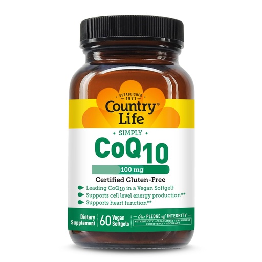 [BRSWIYQ4CIPRMFL4] Country Life Simply CoQ10 100mg – Heart Function & Cellular Energy Support Supplement, Pure Coenzyme Q10 for Antioxidant & Cardiovascular Health, Certified Gluten Free & Vegan, 60 Softgels