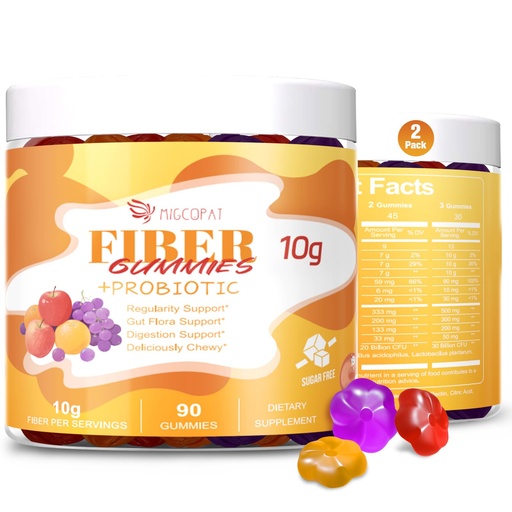 [BRSREFINPIFAKFLA] Migcopat 10G Fiber Gummies for Adults - Support Digestive Health - Fiber Supplement with 30 Billion CFU Probiotics Blend, ACV, Vitamin C, Inulin - No Sugar Added - Fruit Flavored - 180 Count