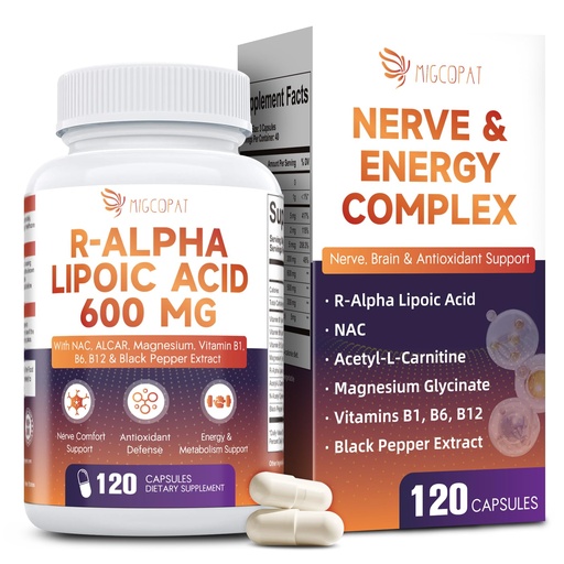 [BRSRYYD5DIIGG33P] Migcopat R-Alpha Lipoic Acid 600mg, Neuropathy Supplements with ALCAR, NAC, Magnesium, Active B-Vitamins | Antioxidant for Energy & Nervous System Support, Non-GMO, Gluten Free, Vegan, 120 Capsules