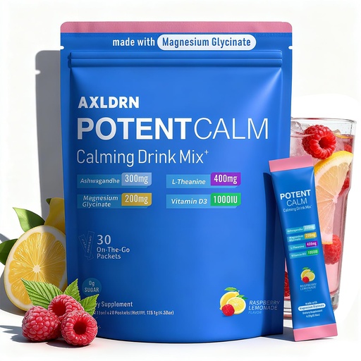[BRSREHQ5CANQYYA6] PotentCalm Super Cortisol Drink, Magnesium Glycinate Powder, L-theanine, Ashwagandha, Vitamin D, No Sugar, Raspberry Lemonade Electrolytes Powder - 30 Servings