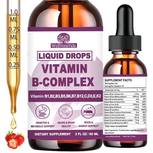 [BRSRGBQHAFYAM3TA] Vitamin B Complex Liquid Drops for Women Men & Kids, Sublingual B Complex Vitamins w/ Vit C B12 B6 B1 Niacin B9 Folate, Support Brain Neuropathy, Mood & Energy, Fast Absorb B-Complex Drops丨 Vegan 2Oz