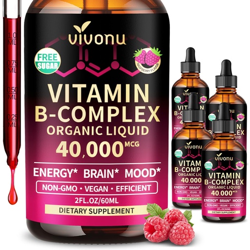 [BRSRG2QPCEBRSC3V] VivoNu Vitamin B Complex Liquid Drops, Methylated Vitamin B12 6000 mcg, B1, B6, B3, B5, B2, Folate, Biotin with Vitamin C D A E, Magnesium, Zinc, CoQ10 for Energy (4 Bottle)