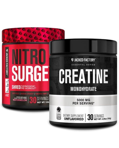 [BRSRAFT4B4BWGA36] Jacked Factory NITROSURGE Shred Pre Workout Supplement (Watermelon, 30 Servings) & Creatine Monohydrate Powder (Unflavored, 30 Servings)