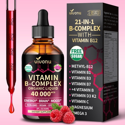 [BRSRG2QDAR5RO23O] VivoNu Vitamin B Complex Liquid Drops, Vitamin B12 (6000 mcg), B6 B1, B2, B3, B5, and Methylfolate Support Energy, Raspberry Flavor, Natural Ingredient, Non GMO