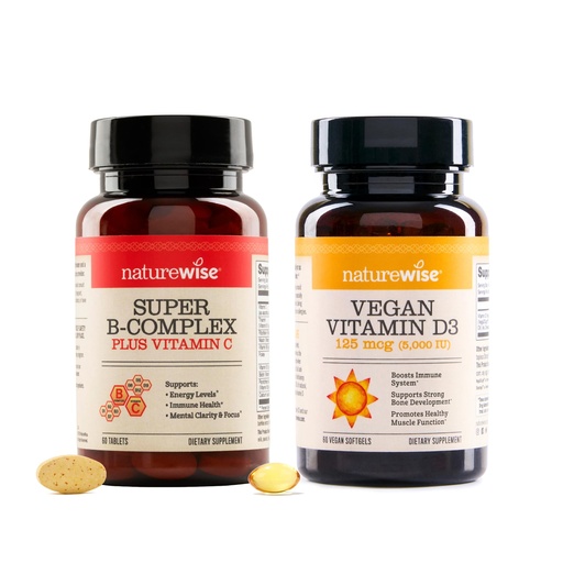 [BRSREFADCAMQECTV] NatureWise [1] Super Vitamin B-Complex + Vitamin C - Non-GMO - 60 Softgels[60-Day Supply] + [1] Vegan Vitamin D3 5000iu + Organic Olive Oil - 60 Mini Softgels[60-Day Supply]