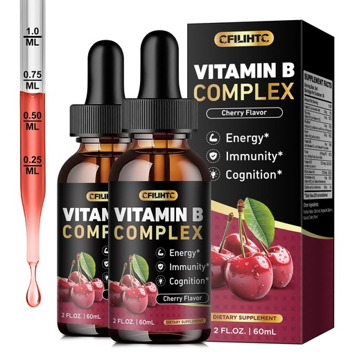 [BRSREYA2BUIAYHT2] CFILIHTC (2 Pack) Vitamin B Complex Liquid Drops, B Vitamins Complex Supplement with B1, B2, B3, B5 B6, B7, B9 & Methyl B12 Drops for Adults & Kids, Vegan, Cherry Flavor
