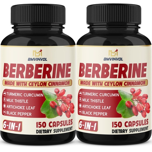 [BRSROGQZO56WEFYU] 2 Pack Berberine HCl- Plus Ceylon Cinnamon, Turmeric, Milk Thistle, Artichoke, Black Pepper, Berberine HCI Root Supplements Pills - Immune System