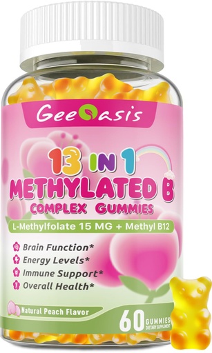[BRSRGYAOOINQEAA2] L-methylfolate for Kids Gummies, Methylated B Complex Chewable Supplement for Women, with Methylated B12, Zinc Citrate, Vitamin C, Choline, Theanine & Saffron, Energy, Stress, 5-MTHFR, 60 Ct