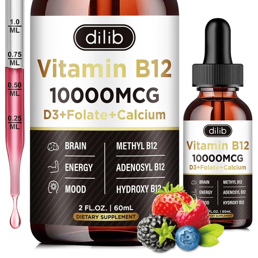 [BRSRAEIOOF7AYDTP] Vitamin B12 Complex 10000 mcg | Vegan Triple Liquid B-12 Drops Sublingual Supplement | Methylcobalamin & Adenosylcobalamin & Hydroxo Blend for Long-Lasting Energy and Healthy Metabolism Berry Flavor
