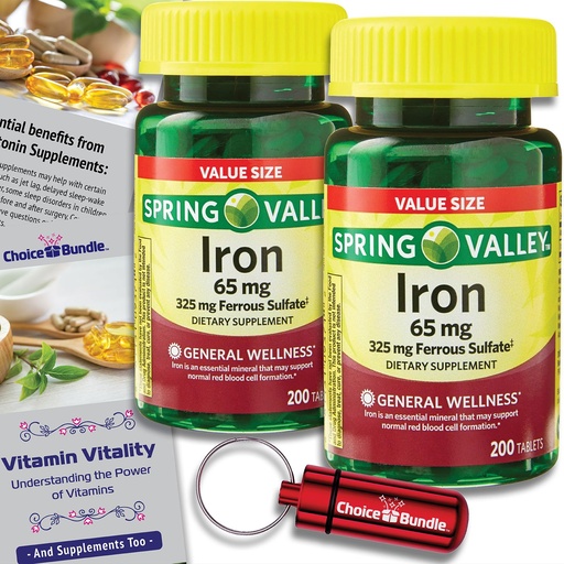[BRSREBIQDEPQ4FD4] Spring Valley Iron 65 mg Tablets Ferrous Sulfate Value Size 200 Ct 2 Pk (400 Total) + Vitamin Vitality & Pill Container (4 Items)!