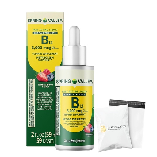 [BRSREEL4BYOQA3Y6] Liquid Vitamin B12, 5000mcg, Spring Valley Vitamin b12, Metabolism Supplement, Berry Flavor, 2 fl oz - Set by Basket Goods