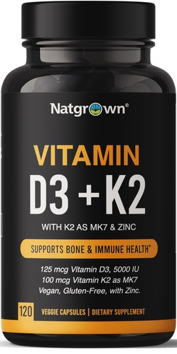 [BRSRECQPOJ6WK237] Natgrown Vitamin D3 5000 IU + K2 MK7 100mcg with Zinc - Plant Based Supplement for Bone and Immune Support with Superfood Blend, Gluten-Free - 120 Capsules