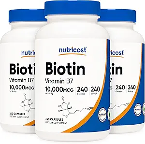 [BRSWKEYEBEFBYG36] Nutricost Biotin (Vitamin B7) 10,000mcg, 240 Caps (3 Bottles) - Non-GMO, Gluten Free