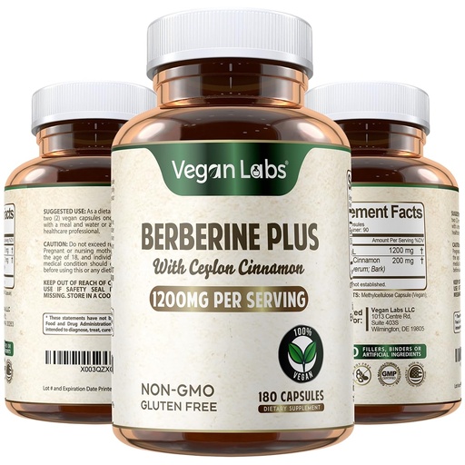[BRSRMCYPPMHAKDTX] Vegan Labs Berberine HCL 1200MG with Organic Ceylon Cinnamon- 180 Vegan Capsules- Supports Overall Health and Immune System