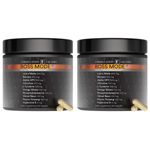 [BRSRE2Y5OICGY2YY] Formulation Factory BOSS Mode 10-in-1 Nootropic Complex with Lion's Mane, Alpha-GPC, Bacopa Monnieri, Ginkgo Biloba, Rhodiola, Ashwagandha & L-Tyrosine - 240 Capsules, 4 Month Supply