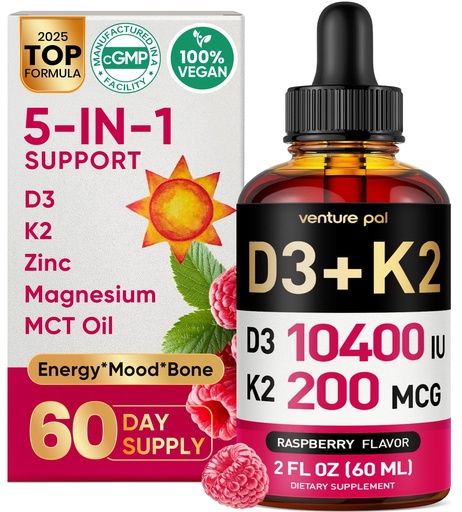 [BRSRAGA3AAIWKE3Z] 5-in-1 Vitamin D3 K2 Drops - Vitamin D3 10000 IU & K2(MK-7) 200mcg with Magnesium, MCT Oil, Zinc, Sugar Free Vitamin D Liquid Supplement|Maximum Absorption for Bone, Mood & Immune - 2 FL OZ, 60 Days