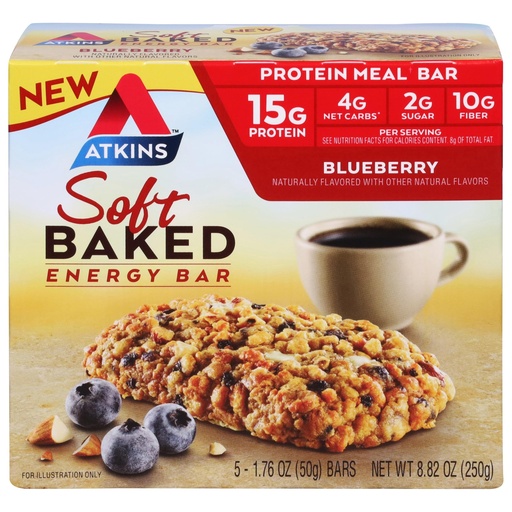 [BRSROEITCR4GAF3Z] Atkins Soft Baked Energy Bars, Blueberry, 15g Protein, Excellent Source of Fiber, 2g Sugar, 1 pack (5 Bars)