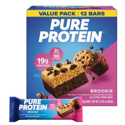[BRSREYY5PMORSADD] Pure Protein Brookie Protein Bars – 20g Protein, 3g Sugar, 190 Calories (12 count) Low Sugar* High Protein Snack - Gluten Free - Perfect for a Healthy Snack