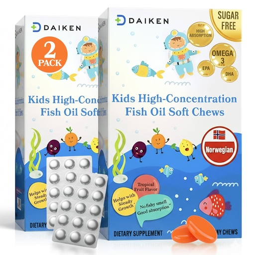[BRSRGZICOIPRO3LK] DAIKEN High Concentration Kids Fish Oil Omega-3 Gummies, No Sugar Added, Individually Wrapped, 300 mg DHA & EPA with Vitamin D3 for Kid, 30 Count, Tropical Fruit Flavor, Norwegian Sourced (Pack of 2)