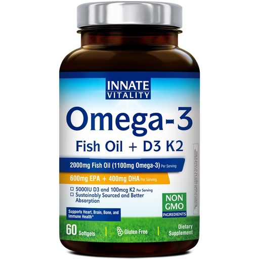 [BRSREADQOYNGCYLZ] Innate Vitality Omega 3 Fish Oil Supplement, 2000mg Fish Oil Per Serving, EPA 600mg + DHA 400mg with Vitamins D3 K2, Supports Brain & Heart Health, Sustainable & Wild-Caught, 60 Softgels