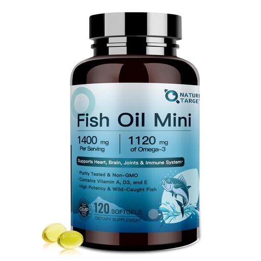 [BRSREYL3CN5QKFDU] NATURE TARGET Fish Oil Mini 1400mg, High-Potency Omega 3 Supplement with Vitamins A & D3 & E, Supports Heart, Brain, Joints & lmmune System, Non-GMO, 120 Softgels, Wild-Caught