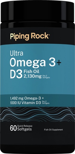 [BRSREBQZA5YQA2AZ] Piping Rock Ultra Omega 3 + D3 | 60 Softgels | 2130mg Fish Oil | 1492mg Omega 3 + 1000 IU Vitamin D3 | Non-GMO, Gluten Free
