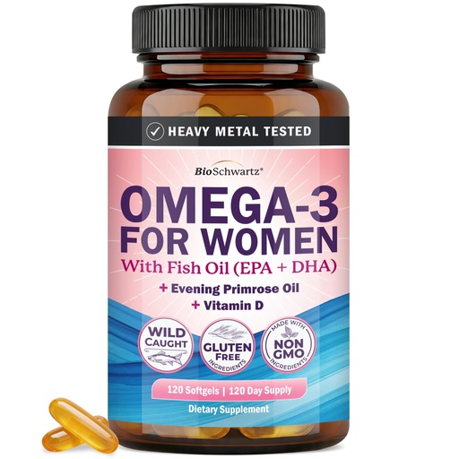 [BRSRGCARAQOQGFDJ] BioSchwartz Fish Oil Omega 3 Supplement for Women (120 Softgels, 4-Month Supply) 600mg Wild-Caught Omega 3 EPA + DHA, Evening Primrose Oil, Vitamin D & E for Hormone Balance, Heart Health - Non-GMO