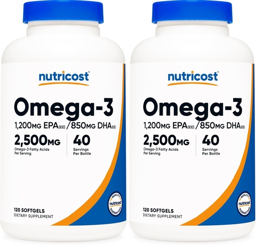 [BRSRGFI7O56QOG3V] Nutricost Omega 3 Fish Oil - 2500MG, 120 Softgels (40 Serv) - Fish Oil, Wild Caught! 1200mg EPA 850mg DHA - Non-GMO, Gluten Free (Pack of 2)