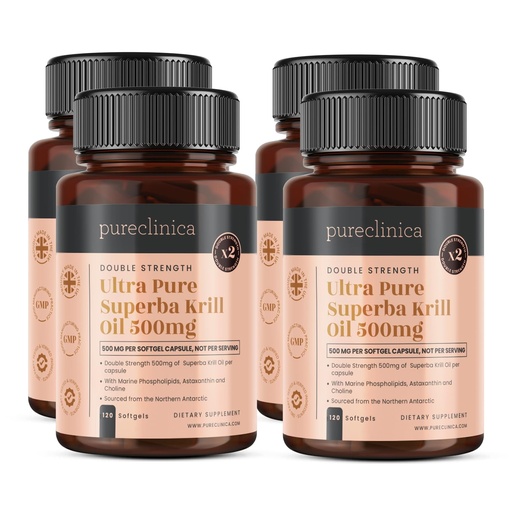 [BRSWGZINBYMBSETP] pureclinica Ultra Pure Krill Oil 500mg x 480 Capsules (4 Bottles) - Sourced in The Unpolluted Waters of Antarctic Providing a Rich Supply of Astaxanthin and Omega 3