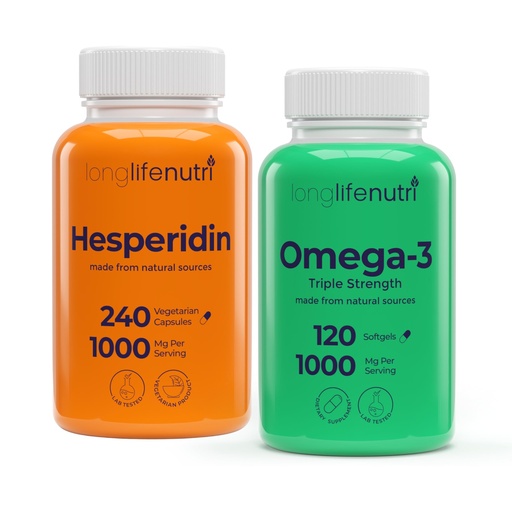 [BRSREFICCR6R6HI2] LongLifeNutri Hesperidin 1000 mg & Omega 3 Fish Oil 1000 mg Bundle - 240 Capsules + 120 Softgels, 4 Month Supply, Circulatory & Cognitive Support, Non-GMO, GMP Certified, Made in USA